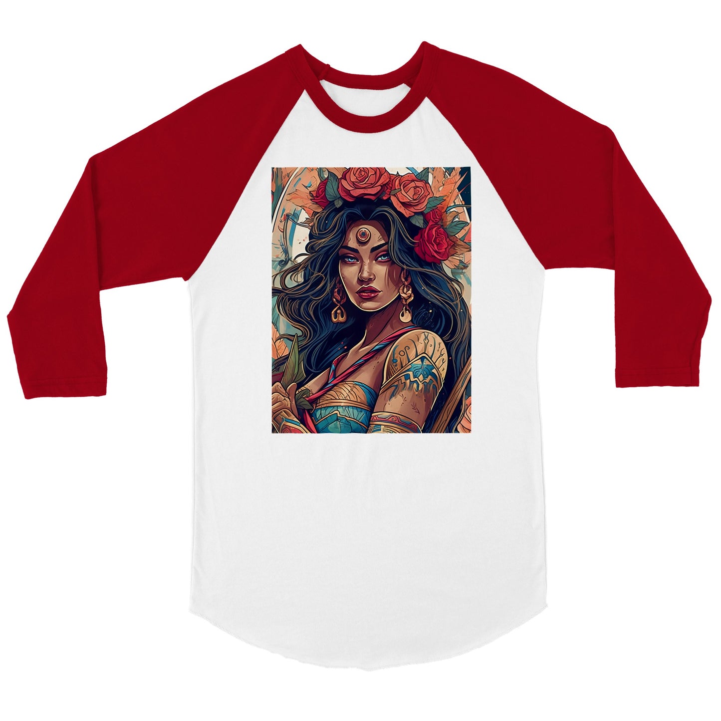 Goddess Warrior XOCHIL - Canvas - Unisex 3/4 sleeve Raglan T-shirt