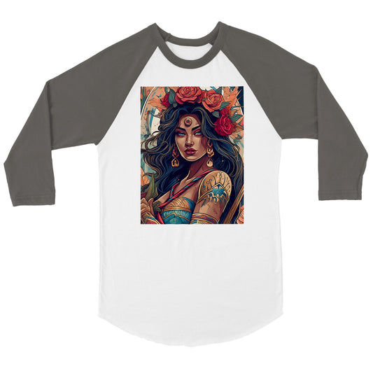 Goddess Warrior XOCHIL - Canvas - Unisex 3/4 sleeve Raglan T-shirt